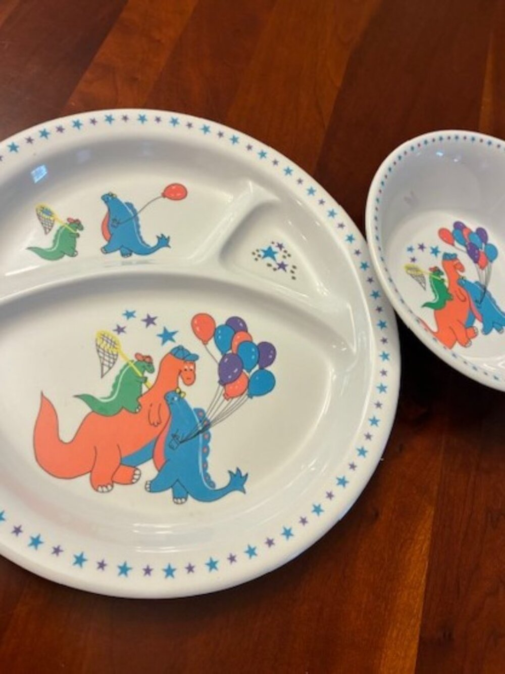 Vintage Concepts 4 Dinosaur Balloon Melamine Toddler Tri-Section Plate and Bowl